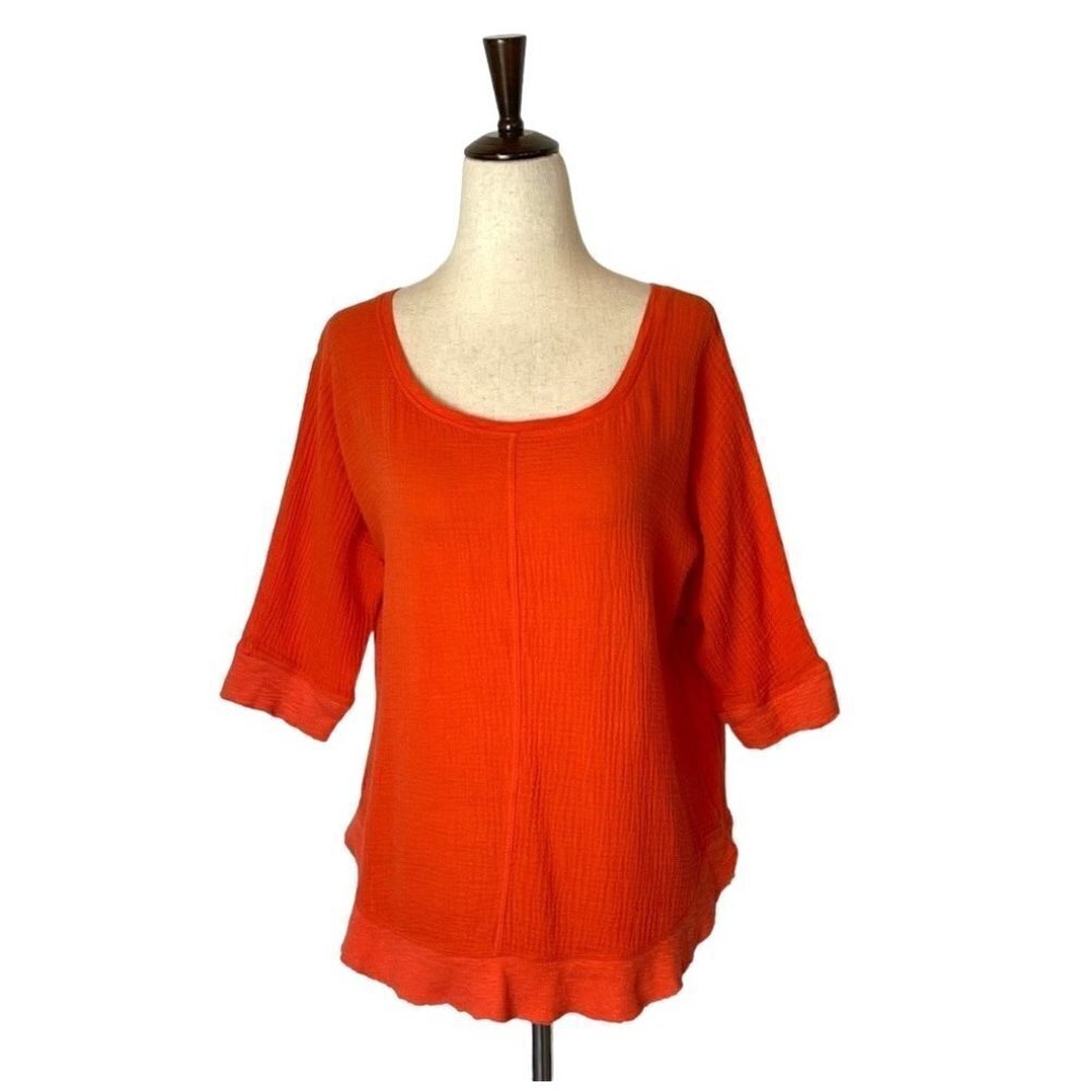 Postmark Anthropologie Orange Textured Cotton Half Sleeve Ruffle Hem Top Size S
